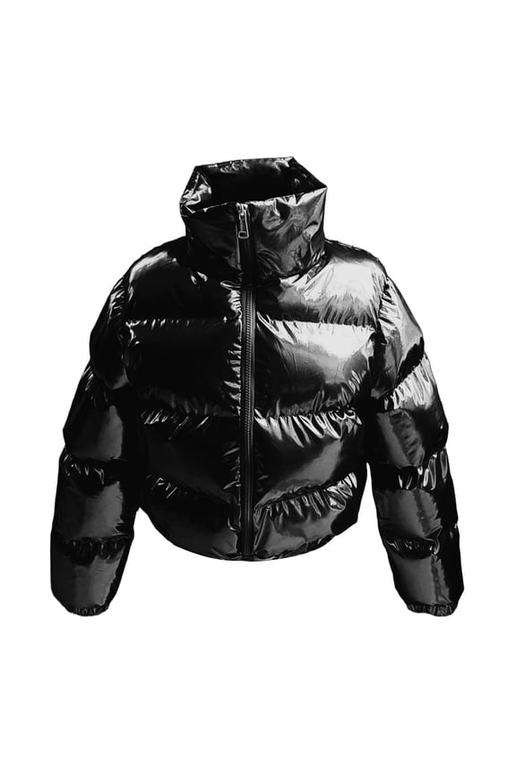 Girls Cropped Puffer Jacket Winter Shiny Zip up Bubble Puffy Coats Oversized Heavyweight Padded Quilted Coats Black 80