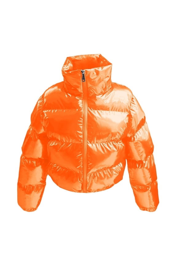 Girls Cropped Puffer Jacket Winter Shiny Zip up Bubble Puffy Coats Oversized Heavyweight Padded Quilted Coats Orange 80