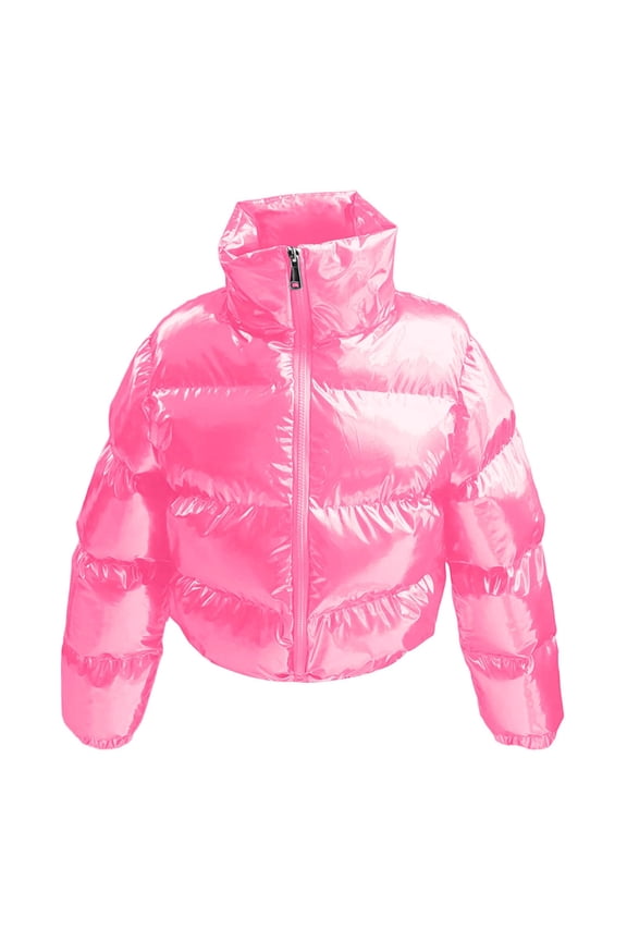 Girls Cropped Puffer Jacket Winter Shiny Zip up Bubble Puffy Coats Oversized Heavyweight Padded Quilted Coats Pink 120