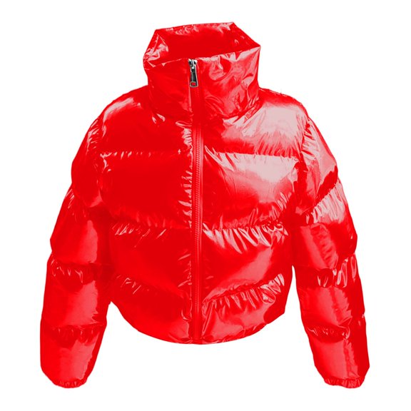 IWRICH Girls Cropped Puffer Jacket Winter Shiny Zip up Bubble Puffy Coats Oversized Heavyweight Padded Quilted Coats Red 90