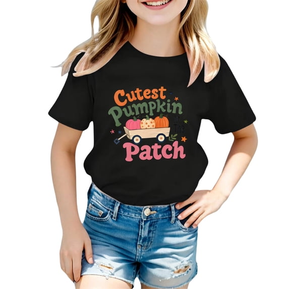 IWRICH Girls Cutest Pumpkins in the Patch T-Shirt Halloween Short Sleeve Crew Neck Tees,Size 2-13 Years Black 120