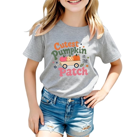 IWRICH Girls Cutest Pumpkins in the Patch T-Shirt Halloween Short Sleeve Crew Neck Tees,Size 2-13 Years Grey 110