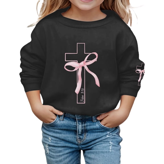 IWRICH Girls Sweatshirt Kids Cute Pink Bow Sweatshirts Teens Cross Graphic Long Sleeve Shirt Pullover Top Black 150