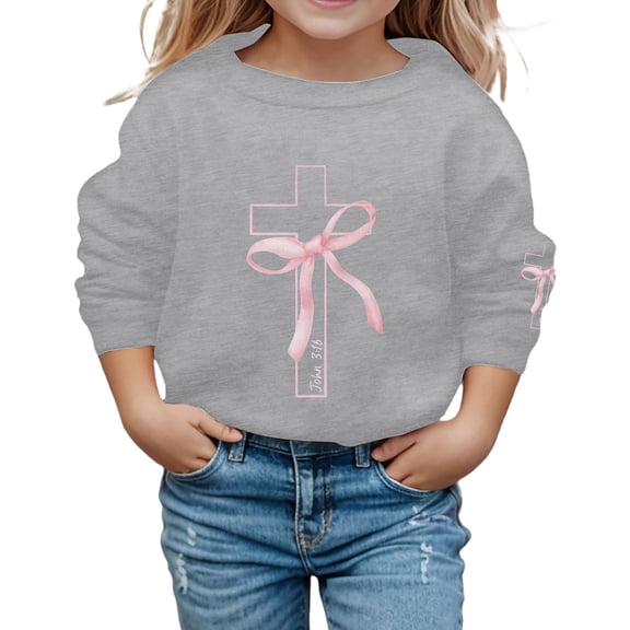 IWRICH Girls Sweatshirt Kids Cute Pink Bow Sweatshirts Cross Graphic Long Sleeve Shirt Pullover Top Grey 150