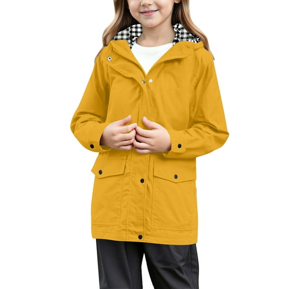 IWRICH Girls Waterproof Raincoats Lightweight Windproof Hooded Raincoat Adjustable Windbreaker Rain Coats Travel Jacket Yellow 120