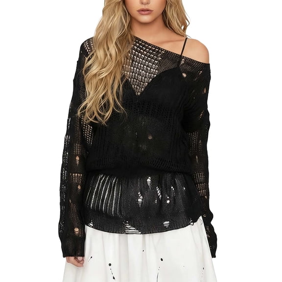 IWRICH Goth Striped Sweater Ripped Punk Sweaters for Women Harajuku Pullover Tops Black L