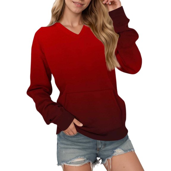 IWRICH Gradient Sweatshirts for Women Vneck Pullover Tops Casual Long Sleeve Trendy Loose Fit Fall T Shirts Red M
