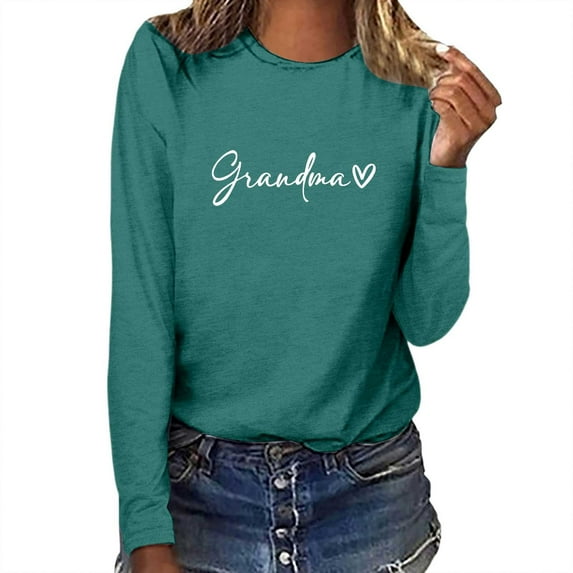 IWRICH Grandma Shirt Heart Shirts Grandmother Long Sleeve T Shirts Casual Graphic Tees Tops Green L