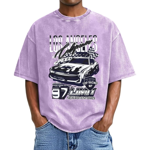 IWRICH Graphic Printed Oversize T Shirts for Men Baggy Basic Short Sleeve Tees Casual Trendy Acid Wash Tees Purple XL