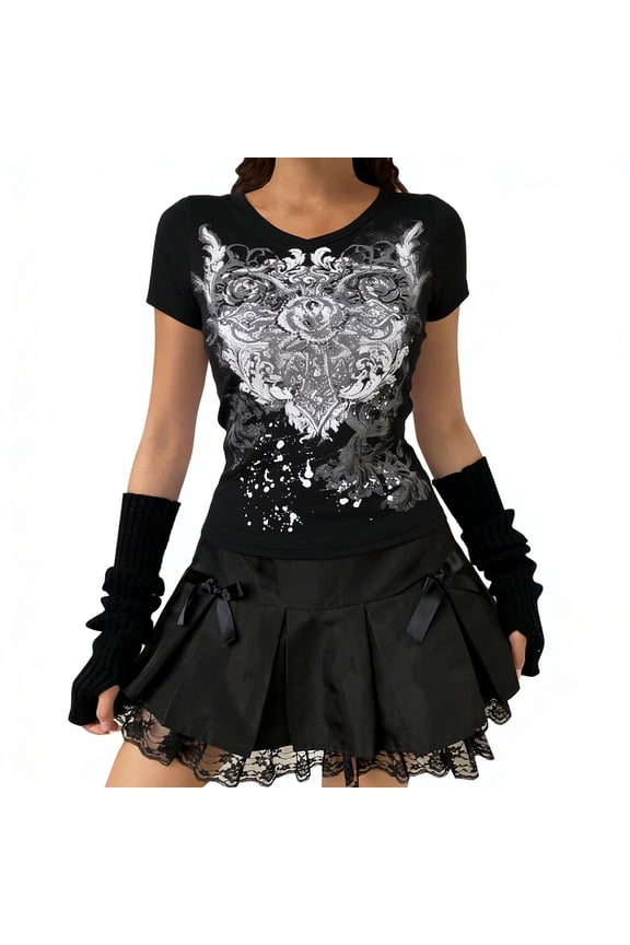 Grunge Shirts for Women Emo Clothes Fashion Graphic Tee 20s Goth Top Short Sleeve Streetwear 02-Black S