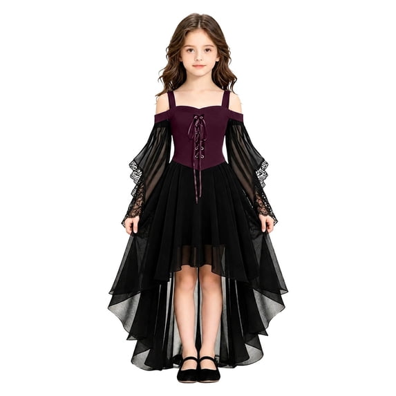 IWRICH Halloween Dress for Girls Witch Mesh Gothic Fall Maxi Dress off Shoulder Halloween Party Dresses