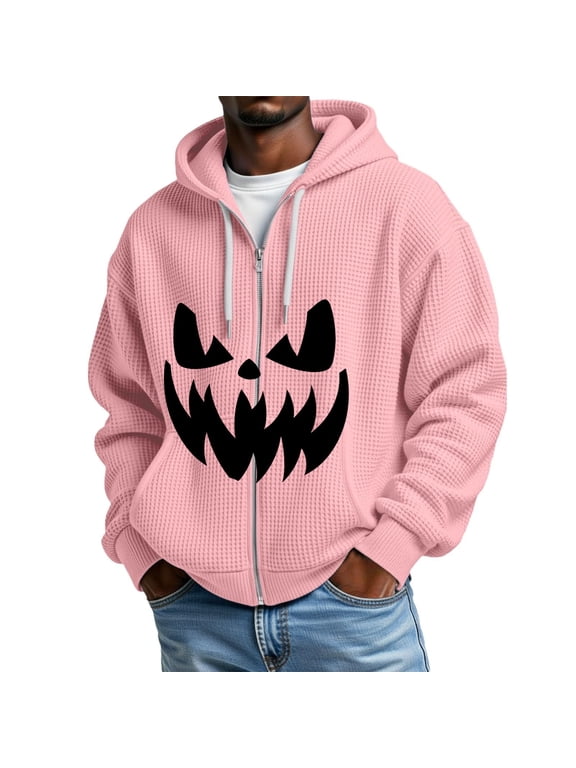 Halloween Pumpkin Faces Hoodie Men Waffle Knit Spook Face Printed Loose Fit Full Zip Jackets Pink XXL