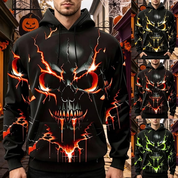 IWRICH Halloween Skull Hoodies for Men Plus Size Winter Holiday Hooded Sweatshirts Oversize Novelty Printed Pullover Tops Yellow XL