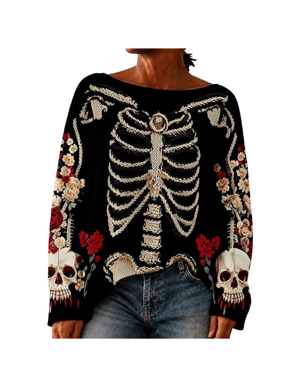 Halloween Sweaters for Women Funny Cute Floral Graphic Skeleton Spooky Season Sweatshirt Fall Winter Crewneck Holiday Pullover Soft Knit Tops