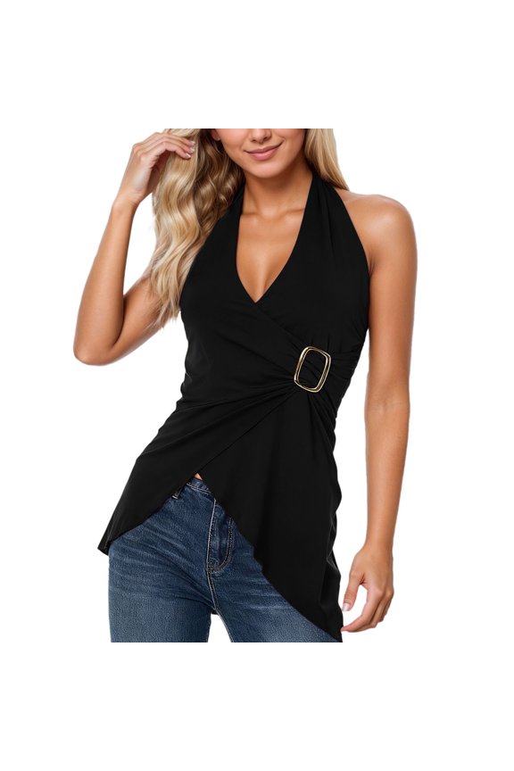 Halter Tops for Women Asymmetrical V Neck Halter Backless Top Sleeveless Wrap Top 20s Going out Tops Black L