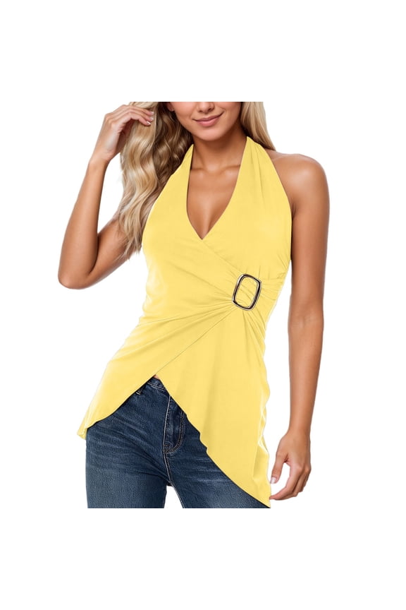 Halter Tops for Women Asymmetrical V Neck Halter Backless Top Sleeveless Wrap Top 20s Going out Tops Yellow M