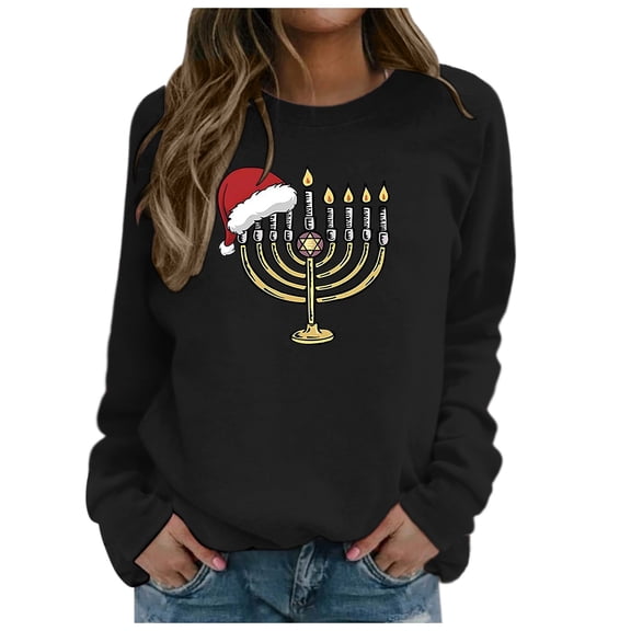 IWRICH Hanukkah Sweatshirt for Women Funny Chanukah Jewish Christmas Pullover Tops B-Black S