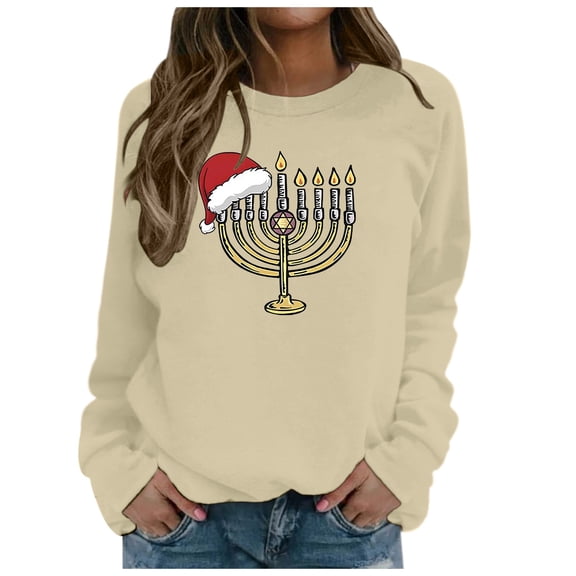 IWRICH Hanukkah Sweatshirt for Women Funny Chanukah Jewish Christmas Pullover Tops B-Khaki S
