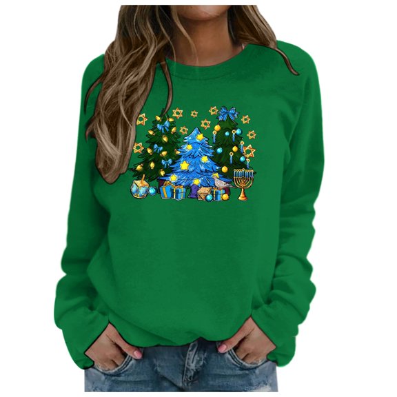 IWRICH Hanukkah Sweatshirt for Women Funny Chanukah Jewish Christmas Pullover Tops C-Green S
