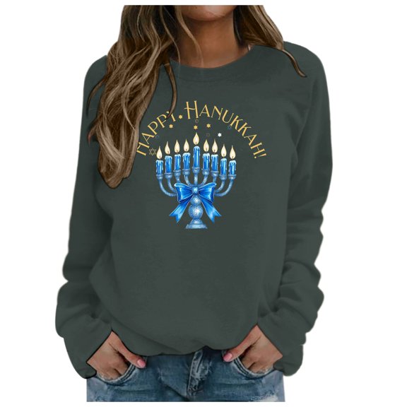 IWRICH Hanukkah Sweatshirt for Women Funny Chanukah Jewish Christmas Pullover Tops D-Dark Gray M