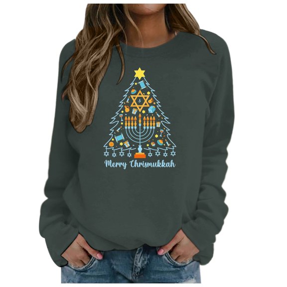 IWRICH Hanukkah Sweatshirt for Women Funny Chanukah Jewish Christmas Pullover Tops E-Dark Gray L