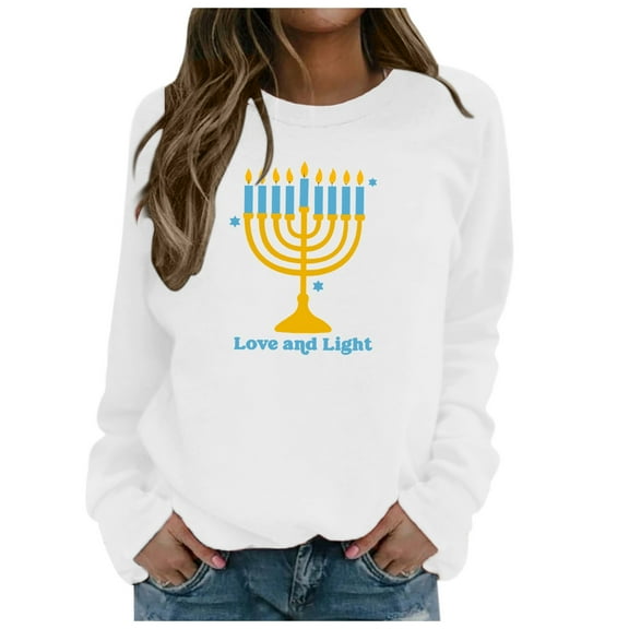 IWRICH Hanukkah Sweatshirt for Women Funny Chanukah Jewish Christmas Pullover Tops F-White S