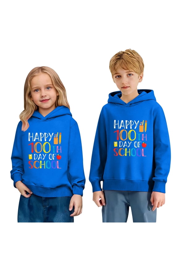 Happy 100th Days of School Hoodies for Boys Girls Long Sleeve Lined Hooded Sweatshirts Cute Tops,Size 2-14 Years Blue 100