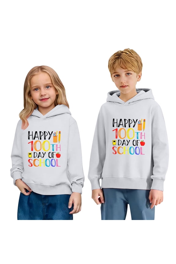 Happy 100th Days of School Hoodies for Boys Girls Long Sleeve Lined Hooded Sweatshirts Cute Tops,Size 2-14 Years White 100