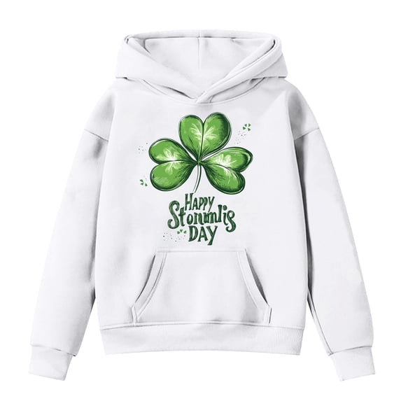 IWRICH Happy St. Patrick's Day Hoodies for Girls Printed Shamrock Sweatshirts Saint Patrick's Tops,Size 3-14 Years White 160