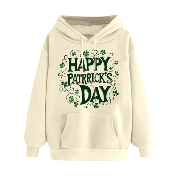 IWRICH Happy St. Patrick's Day Hoodies for Women Graphic Oversized Fleece Hoodies Xmas Holiday Tops with Pocket Beige XL