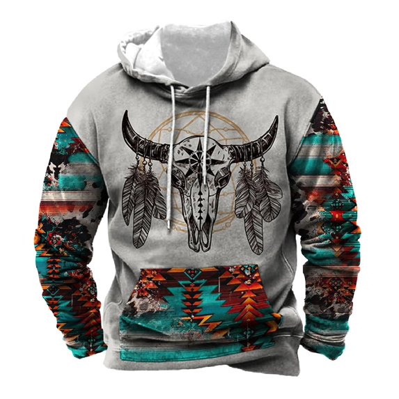 IWRICH Hoodies for Men Aztec Cowboy Western Retro Ethnic Printed Hooded Sweatshirt Fashion Graphic Fall Pullover Tops 01-White XL