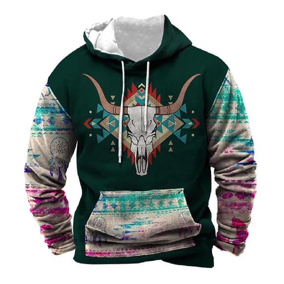 IWRICH Hoodies for Men Aztec Cowboy Western Retro Ethnic Printed Hooded Sweatshirt Fashion Graphic Fall Pullover Tops 05-Army Green XL