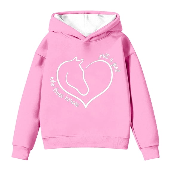 IWRICH Hoodies for Girls Graphic Heart Horse Print Long Sleeve Pullover Tops Cute Soft Cozy Hooded Sweatshirts,Size 2-14 Years Pink 150