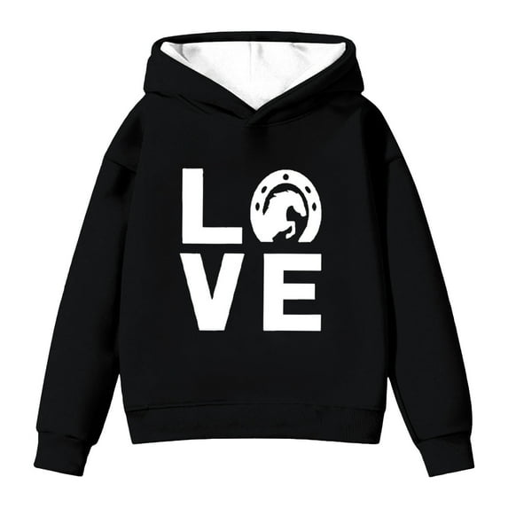 IWRICH Horse Hoodie for Girls Horseshoe Love Graphic Pullover Gift for Riders Fans,Size 2-14 Years Black 100