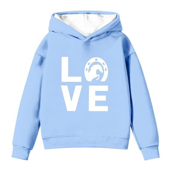 IWRICH Horse Hoodie for Girls Horseshoe Love Graphic Pullover Gift for Riders Fans,Size 2-14 Years Light Blue 160