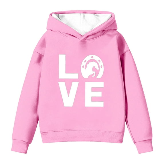 IWRICH Horse Hoodie for Girls Horseshoe Love Graphic Pullover Gift for Riders Fans,Size 2-14 Years Pink 100