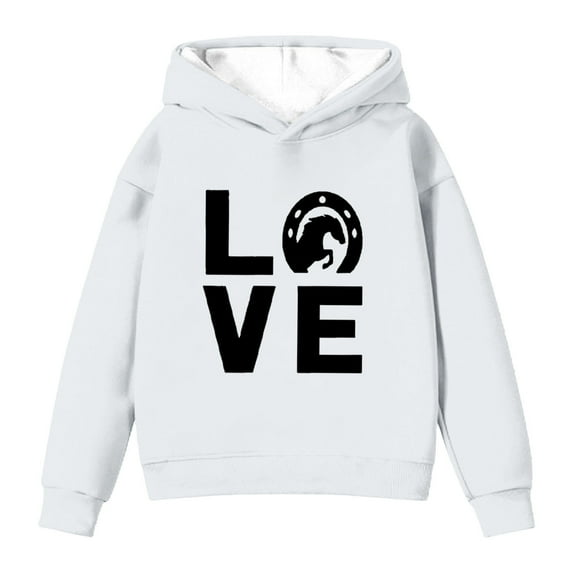 IWRICH Horse Hoodie for Girls Horseshoe Love Graphic Pullover Gift for Riders Fans,Size 2-14 Years White 160