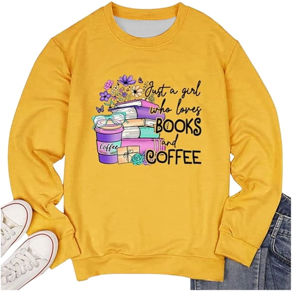 IWRICH Just a Girl Who Loves Books and Coffee Sweatshirt Women's Bookworm Long Sleeve Shirt Floral Book Pullover Tops Blue 140