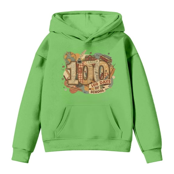 IWRICH Kids 100 Days of School Hoodie Boys Girls Funny Back to School Graphic Pullover Tops Casual Soft Hooded Sweatshirt,Size 2-13 Years Green 140