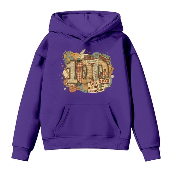 IWRICH Kids 100 Days of School Hoodie Boys Girls Funny Back to School Graphic Pullover Tops Casual Soft Hooded Sweatshirt,Size 2-13 Years Purple 150
