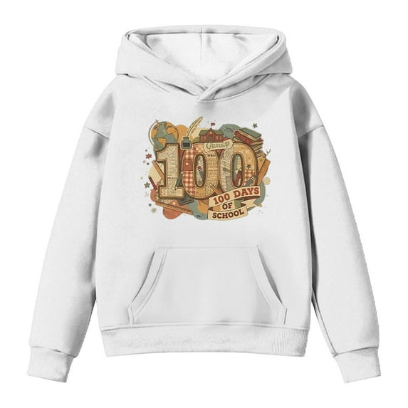 IWRICH Kids 100 Days of School Hoodie Boys Girls Funny Back to School Graphic Pullover Tops Casual Soft Hooded Sweatshirt,Size 2-13 Years White 160