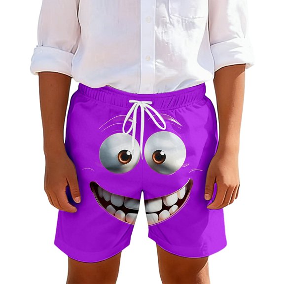 IWRICH Kids Boys Board Shorts Funny Face Frinted Elastic Drawstring Waist Swim Trunk Summer Casual Beach Bathing Suit,Size 1-14 Years 10-Purple 150