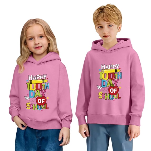 IWRICH Kids Happy 100th Days of School Hoodies Long Sleeve Lined Hooded Sweatshirts Cute Tops,Size 2-14 Years Pink 110