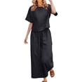 thumbnail image 1 of IWRICH Linen Sets for Women 2 Piece Boat Neck Short Sleeve Shirts Summer Wide Leg Casual Vacation Trousers Sets Black L, 1 of 4