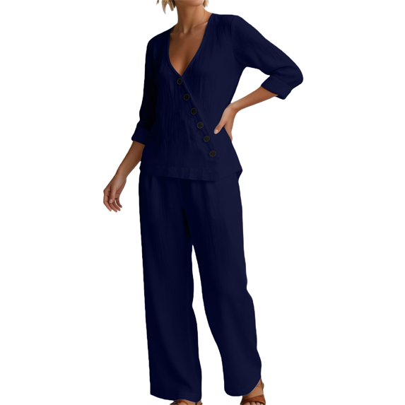 IWRICH Linen Sets for Women 2 Piece V-Neck 3/4 Sleeve Button down Top Wide Leg Pants Casual Summer Outfits Travel Navy M