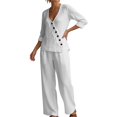 thumbnail image 1 of IWRICH Linen Sets for Women 2 Piece V-Neck 3/4 Sleeve Button down Top Wide Leg Pants Casual Summer Outfits Travel White M, 1 of 3