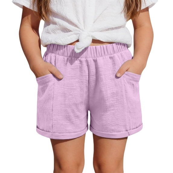 IWRICH Linen Shorts for Girls Summer Stylish Elastic Waisted Casual Shorts Comfy Bottoms Beach Vacation Clothes,Size 5-13 Years Pink 160