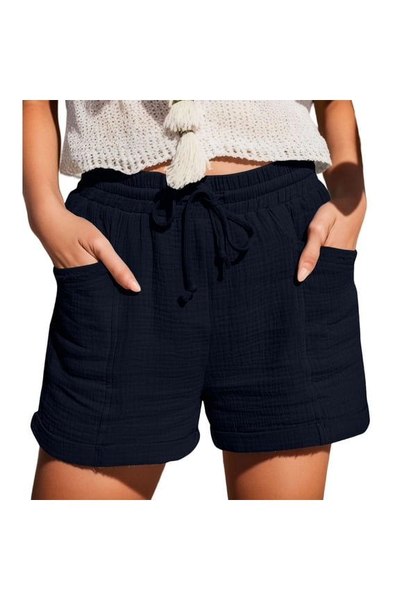 Linen Shorts for Women Plus Size Elastic Waist Drawstring Summer Beach Shorts with Pockets Black XXL