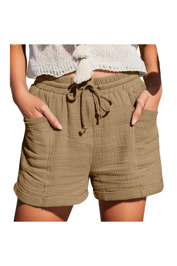 Linen Shorts for Women Plus Size Elastic Waist Drawstring Summer Beach Shorts with Pockets Khaki XXL
