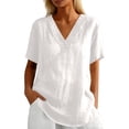 thumbnail image 1 of IWRICH Linen V Neck T Shirts for Women Summer Casual Short Sleeve Tunic Tops Comfy Solid Color Loose Fit Basic Tees White S, 1 of 5